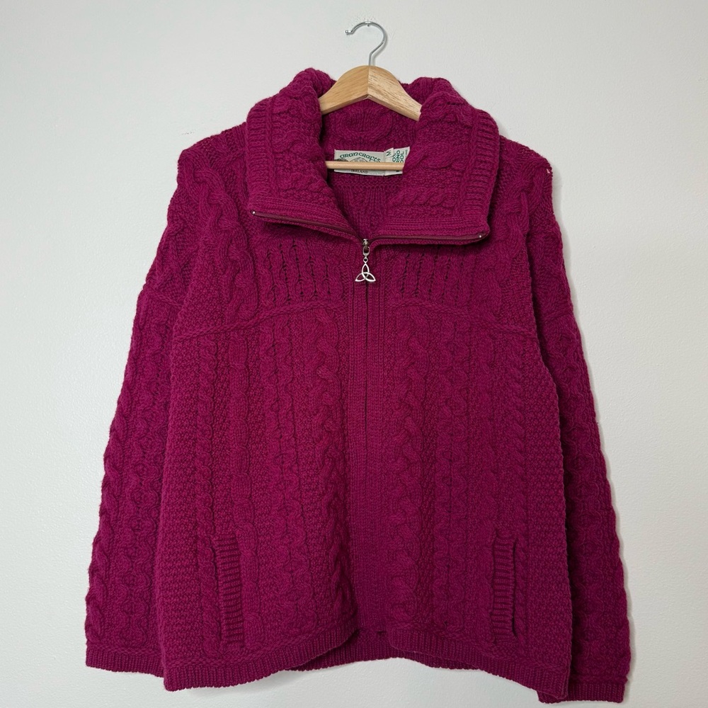 Aran crafts Ireland 100% Irish Merino Wool Zip Up Cardigan in Magenta Purple
